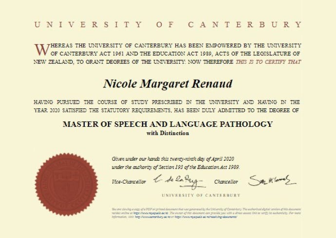 Certificate - Master of Speech and Language Pathology